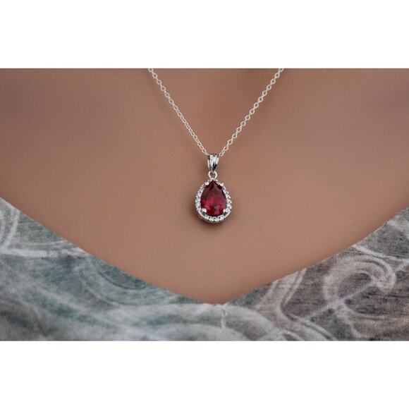Sterling Silver Red Teardrop CZ Pendant Circled in Clear CZ Stones Necklace - Picture 1 of 6